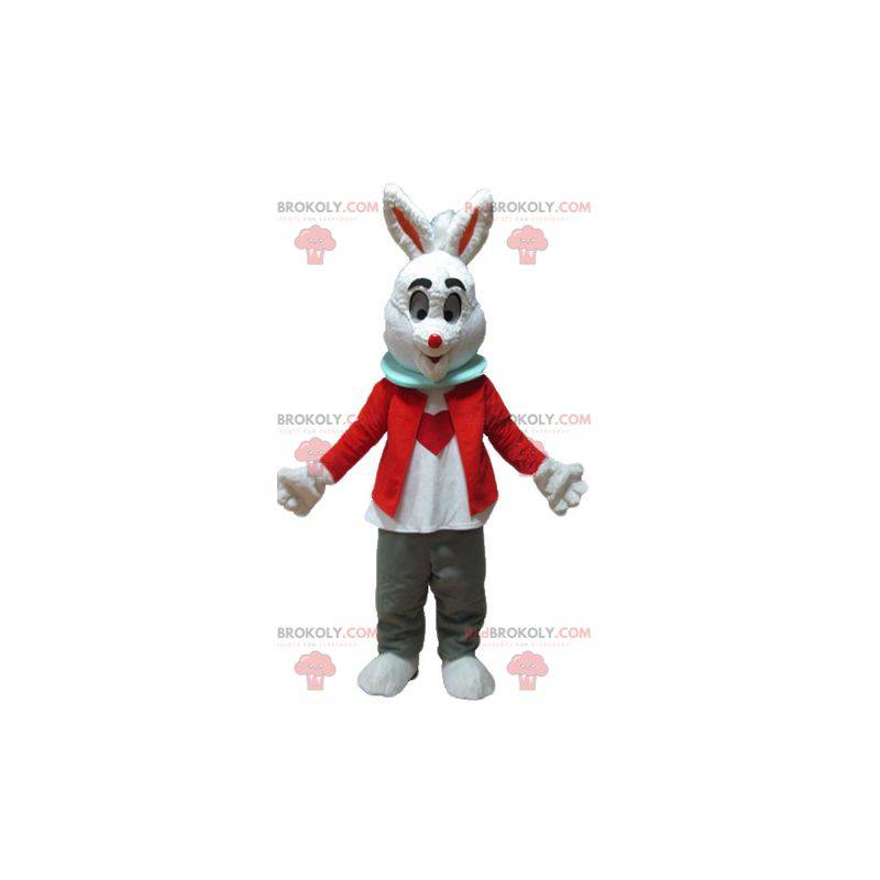 Mascote coelho branco com jaqueta vermelha e calça cinza -