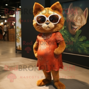 Rust Cat mascot costume character dressed with a Evening Gown and Sunglasses