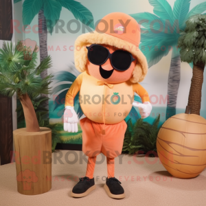 Peach Scarecrow mascot costume character dressed with a Capri Pants and Sunglasses