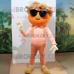 Peach Scarecrow mascot costume character dressed with a Capri Pants and Sunglasses