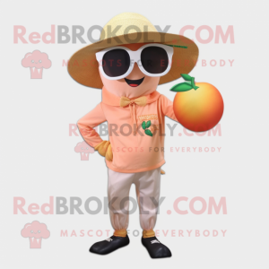 Peach Scarecrow mascot costume character dressed with a Capri Pants and Sunglasses