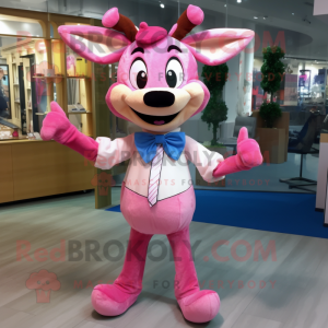 Pink Deer mascot costume character dressed with a Boyfriend Jeans and Bow ties