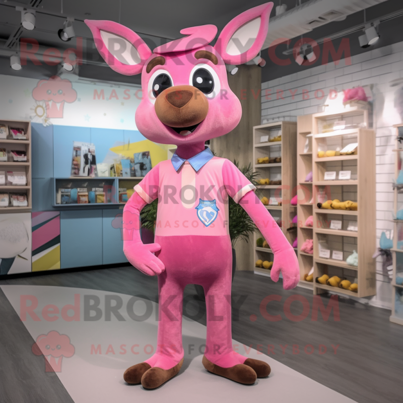 Pink Deer mascot costume character dressed with a Boyfriend Jeans and Bow ties Pink Deer mascot costume character dressed with a Boyfriend Jeans and Bow ties