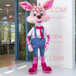 Pink Deer mascot costume character dressed with a Boyfriend Jeans and Bow ties