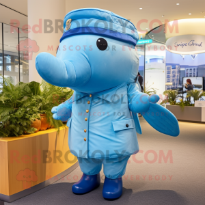 Sky Blue Humpback Whale mascot costume character dressed with a Playsuit and Berets