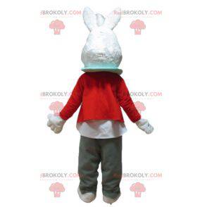 Weißes Kaninchenmaskottchen mit roter Jacke und grauer Hose -