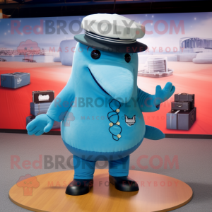 Sky Blue Humpback Whale mascot costume character dressed with a Playsuit and Berets