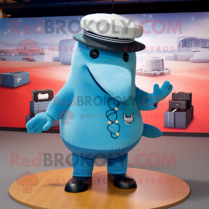 Sky Blue Humpback Whale mascot costume character dressed with a Playsuit and Berets Sky Blue Humpback Whale mascot costume character dressed with a Playsuit and Berets