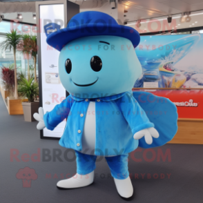 Sky Blue Humpback Whale mascot costume character dressed with a Playsuit and Berets