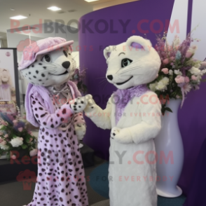 Lavender Leopard mascot costume character dressed with a Wedding Dress and Berets