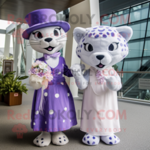 Lavender Leopard mascot costume character dressed with a Wedding Dress and Berets