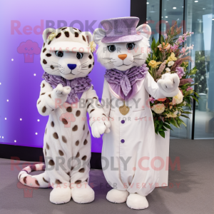 Lavender Leopard mascot costume character dressed with a Wedding Dress and Berets