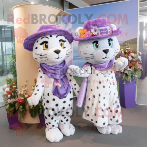 Lavender Leopard mascot costume character dressed with a Wedding Dress and Berets