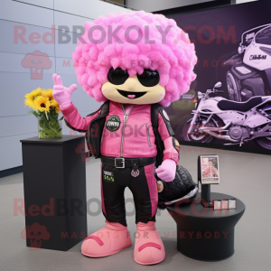 Pink Cauliflower mascot costume character dressed with a Biker Jacket and Coin purses