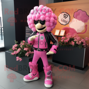 Pink Cauliflower mascot costume character dressed with a Biker Jacket and Coin purses