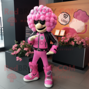 Pink Cauliflower mascot costume character dressed with a Biker Jacket and Coin purses