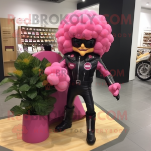 Pink Cauliflower mascot costume character dressed with a Biker Jacket and Coin purses