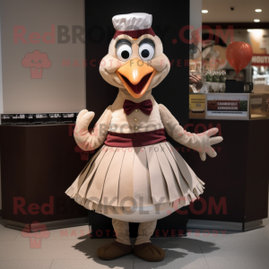 Beige Turkey mascot costume character dressed with a Maxi Skirt and Bow ties