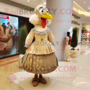 Beige Turkey mascot costume character dressed with a Maxi Skirt and Bow ties