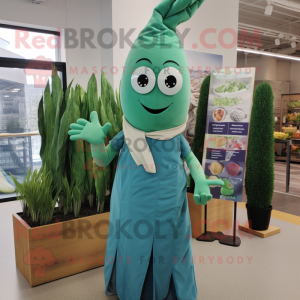 Teal Asparagus mascot costume character dressed with a Wrap Dress and Suspenders