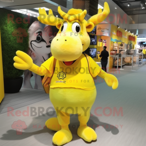Lemon Yellow Moose mascot costume character dressed with a Mini Skirt and Backpacks