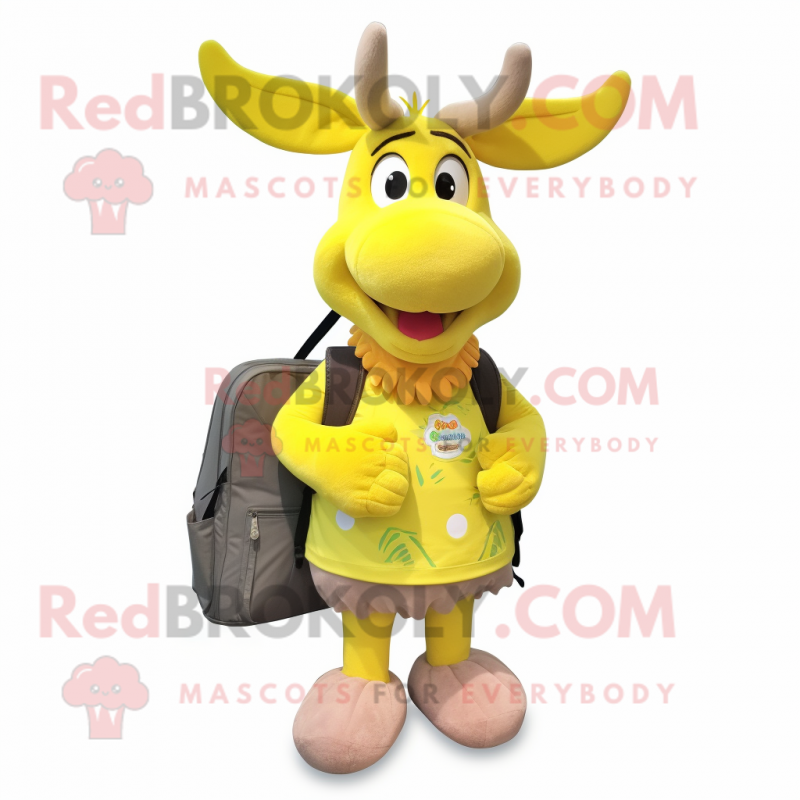 Lemon Yellow Moose mascot costume character dressed with a Mini Skirt and Backpacks