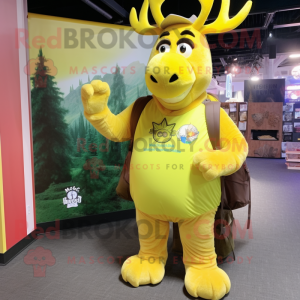 Lemon Yellow Moose mascot costume character dressed with a Mini Skirt and Backpacks