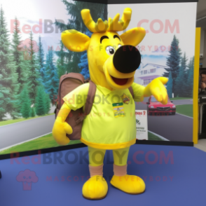 Lemon Yellow Moose mascot costume character dressed with a Mini Skirt and Backpacks