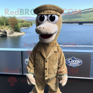 Beige Loch Ness Monster mascot costume character dressed with a Waistcoat and Berets