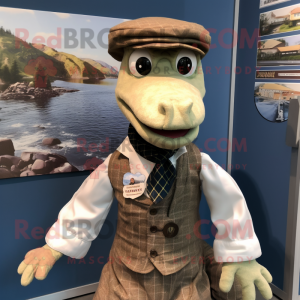 Beige Loch Ness Monster mascot costume character dressed with a Waistcoat and Berets