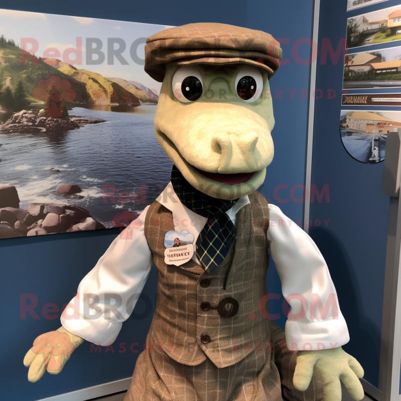 Beige Loch Ness Monster mascot costume character dressed with a Waistcoat and Berets