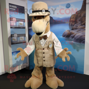 Beige Loch Ness Monster mascot costume character dressed with a Waistcoat and Berets