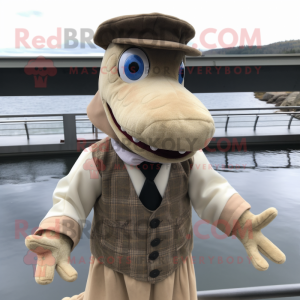 Beige Loch Ness Monster mascot costume character dressed with a Waistcoat and Berets