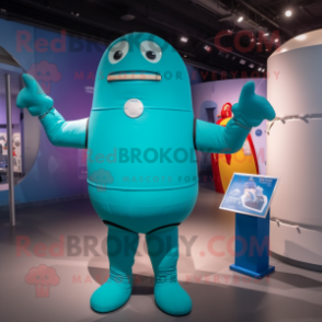 Turquoise Human Cannon Ball mascot costume character dressed with a One-Piece Swimsuit and Mittens
