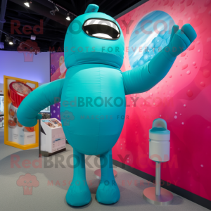 Turquoise Human Cannon Ball mascot costume character dressed with a One-Piece Swimsuit and Mittens