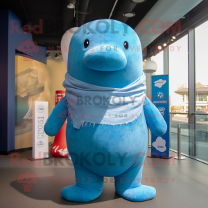Sky Blue Stellar'S Sea Cow mascot costume character dressed with a V-Neck Tee and Wraps