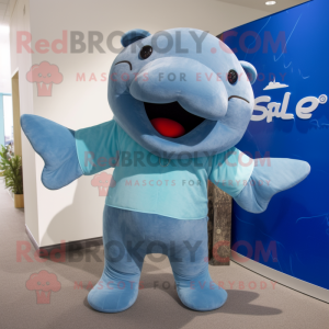 Sky Blue Stellar'S Sea Cow mascot costume character dressed with a V-Neck Tee and Wraps