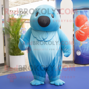 Sky Blue Stellar'S Sea Cow mascot costume character dressed with a V-Neck Tee and Wraps