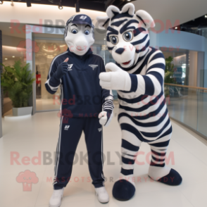 Navy Zebra mascot costume character dressed with a Sweatshirt and Watches