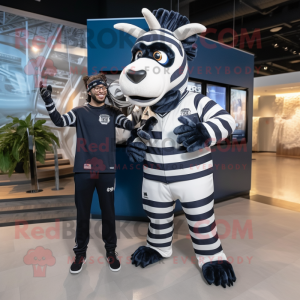 Navy Zebra mascot costume character dressed with a Sweatshirt and Watches