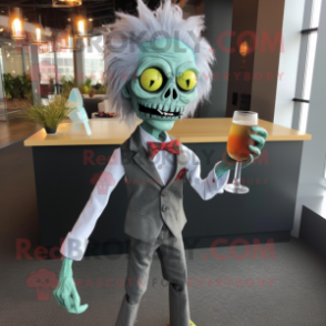 Gray Zombie mascot costume character dressed with a Cocktail Dress and Pocket squares