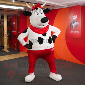 Red Holstein Cow mascot costume character dressed with a Leggings and Clutch bags