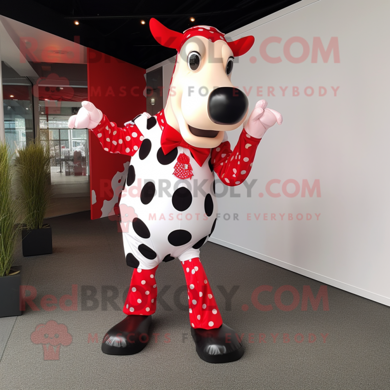 Red Holstein Cow mascot costume character dressed with a Leggings and Clutch bags Red Holstein Cow mascot costume character dressed with a Leggings and Clutch bags