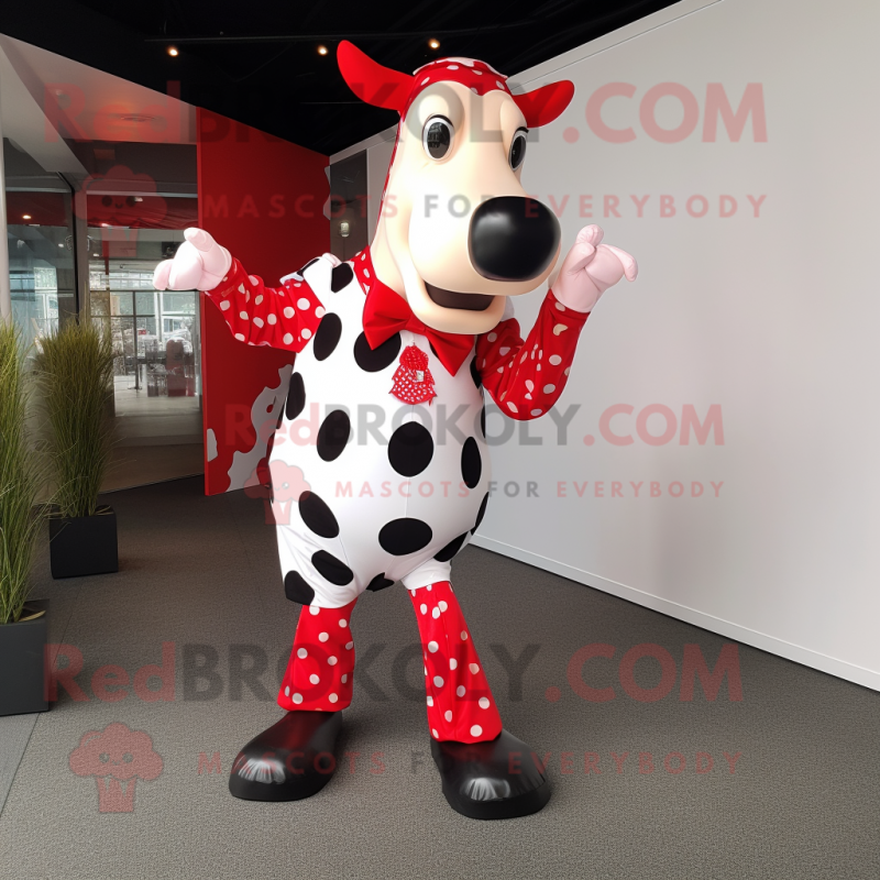 Red Holstein Cow mascot costume character dressed with a Leggings and Clutch bags