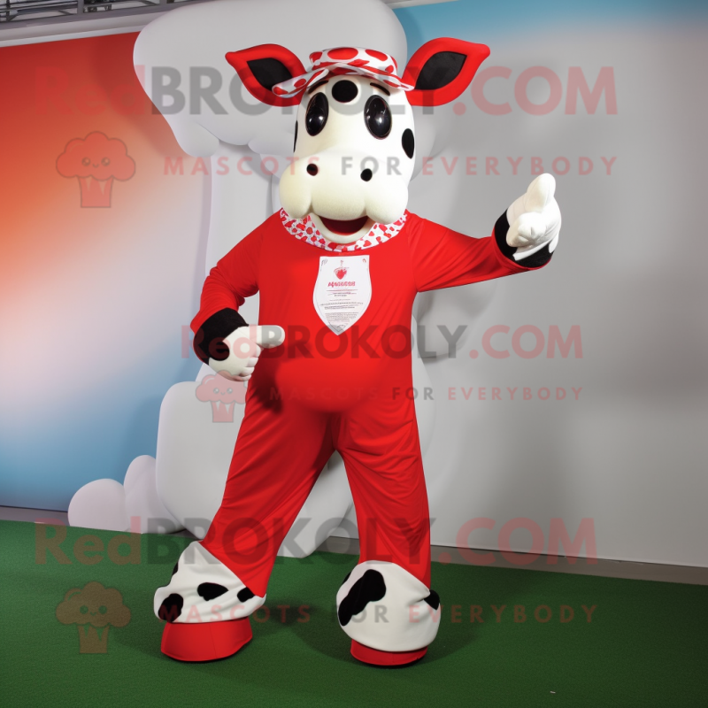 Red Holstein Cow mascot costume character dressed with a Leggings and Clutch bags Red Holstein Cow mascot costume character dressed with a Leggings and Clutch bags