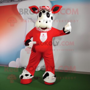 Red Holstein Cow mascot costume character dressed with a Leggings and Clutch bags