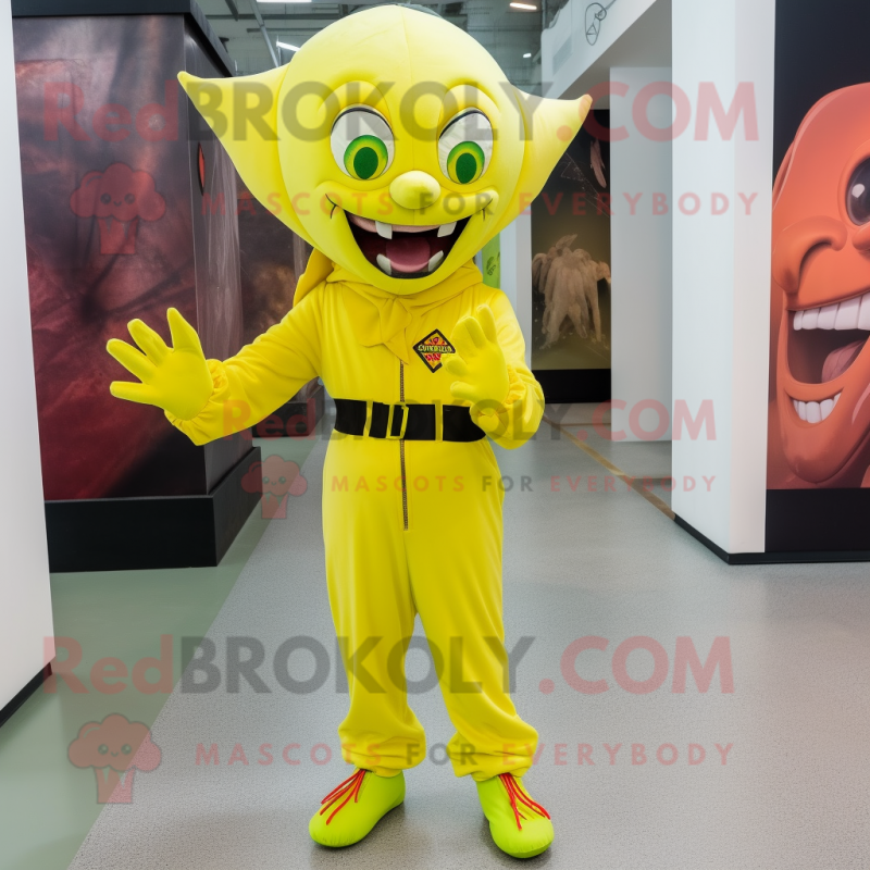 Lemon Yellow Vampire mascot costume character dressed with a Cargo Pants and Anklets Lemon Yellow Vampire mascot costume character dressed with a Cargo Pants and Anklets