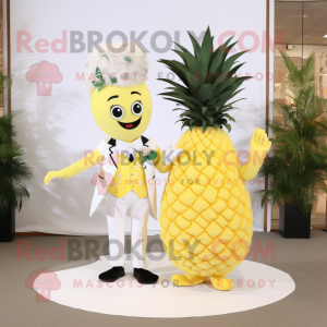 Lemon Yellow Pineapple mascot costume character dressed with a Wedding Dress and Suspenders