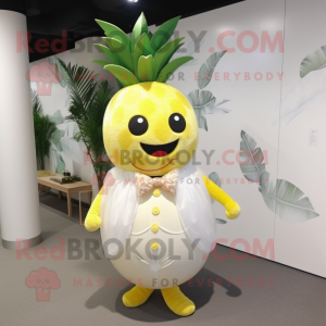 Lemon Yellow Pineapple mascot costume character dressed with a Wedding Dress and Suspenders