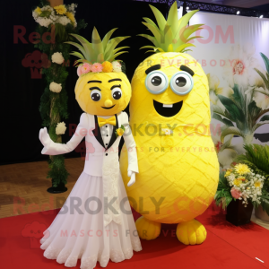 Lemon Yellow Pineapple mascot costume character dressed with a Wedding Dress and Suspenders